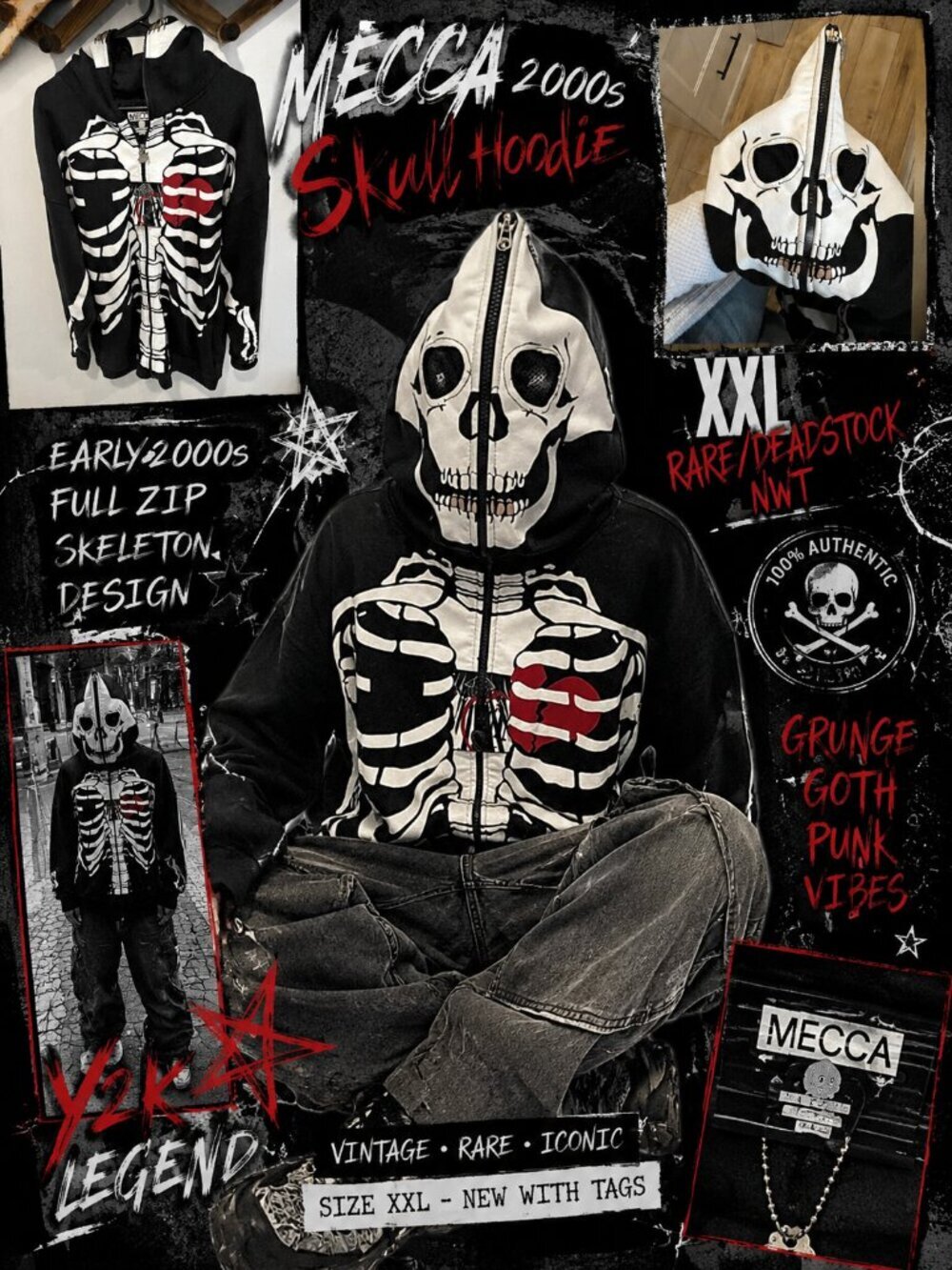 NWT VTG Y2K Mecca Clothing Co Deadstock Skeleton Full Zip Hoodie RARE